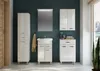 A modern bathroom vanity set with a sink, mirror, and storage cabinets against a dark teal wall. Voir les images du produit