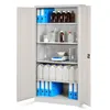 An open metal storage cabinet filled with laboratory equipment and supplies. Voir les images du produit
