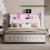 A bedroom scene featuring a bed with a headboard that has built-in shelves and LED lighting. Produktbild-Vorschau
