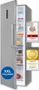 A silver refrigerator with its door open, displaying its interior shelves and food items. There are also two award badges and a blue circle with text on the refrigerator door. Produktbild-Vorschau