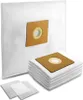 A stack of white vacuum cleaner bags with brown cardboard inserts, and two smaller white filters in the foreground. Produktbild-Vorschau