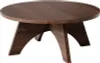 A round wooden coffee table with a dark brown finish and a unique, curved leg design, presented against a white background. Produktbild-Vorschau