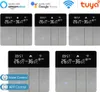A collage of smart thermostat devices with digital displays and touch controls, along with compatibility logos for voice assistants and smart home platforms. Produktbild-Vorschau