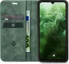 A green flip-style phone case with card slots and a phone inside, displaying the lock screen. Produktbild-Vorschau