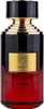 A perfume bottle with a black and gold cap and a red glass body. Podgląd zdjęcia produktu