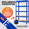 A blue metal shelving unit with MDF shelves, shown with diagrams illustrating its assembly and protective feet. Produktbild-Vorschau