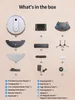 Collage showing a robot vacuum cleaner and all its accessories, with numbers pointing to each item and a list below. Podgląd zdjęcia produktu