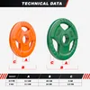 A technical data chart showing dimensions of weight plates. Produktbild-Vorschau