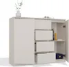 A white dresser with four drawers and a cabinet door, decorated with a vase of plants and a pair of glasses on top. Podgląd zdjęcia produktu