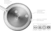 The bottom of a stainless steel pot is shown with labels pointing out its features and compatibility with different stovetops. Produktbild-Vorschau