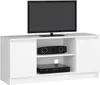 A white TV stand with a black television on top and electronic devices on the shelves. Produktbild-Vorschau