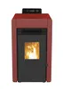 A red pellet stove with a black door and a digital display on top, set against a white background. Náhled obrázku produktu
