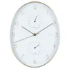 A white oval clock with gold accents, featuring a thermometer and hygrometer. Produktbild-Vorschau