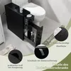 A black bathroom cabinet is shown next to a toilet, with close-up insets highlighting its features. Náhled obrázku produktu