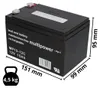 A black lead-acid battery with dimensions and weight indicated. Voir les images du produit