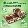 A rolled-up plaid blanket is shown on a green background with text overlays describing its features. Produktbild-Vorschau