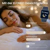 A woman sleeping peacefully in bed, with graphics overlayed showing sleep phases and stress levels. Produktbild-Vorschau