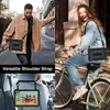 Collage showing a tablet case being used in different scenarios: worn by a person walking, attached to a bicycle, and mounted in a car. Voir les images du produit