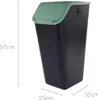 A black trash can with a green lid, shown with dimensions indicated. Produktbild-Vorschau