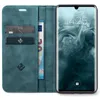 A teal flip-case wallet for a smartphone, open to reveal card slots and a banknote, with the smartphone screen visible. Produktbild-Vorschau