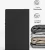 A folded black fitted sheet is shown on the left, with product information icons and text on the right. A stack of folded fabric in various neutral colors is shown at the bottom right. Produktbild-Vorschau