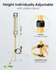 A yellow LED work light on a tripod stand, with close-up insets showing the locknut and collapsible stand. Voir les images du produit