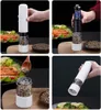 A collage of four images showing an electric pepper grinder being used and its components. Podgląd zdjęcia produktu