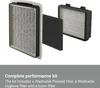 A display of air purifier filters and a foam filter, with descriptive text below. Produktbild-Vorschau