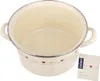 A cream-colored enamel pot with red heart decorations and a product tag. Produktbild-Vorschau