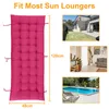A collage showing a pink sun lounger cushion, dimensions, and lifestyle shots of the cushion in use in different settings. Náhled obrázku produktu