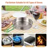 A camping frying pan is shown on a checkered tablecloth, with various cooking scenarios depicted below. Produktbild-Vorschau