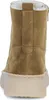 The back view of a brown suede boot with white fur lining and a thick platform sole. Voir les images du produit