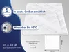A white quilted blanket is shown with marketing text and icons on a blue and white background. Produktbild-Vorschau