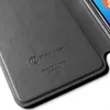 Close-up of a leather phone case with embossed branding and text. Produktbild-Vorschau