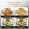 A collage of four images showing different cooking applications of a pot: fried chicken wings, french fries, boiling soup, and boiling vegetables. Produktbild-Vorschau