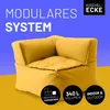 A yellow modular corner sofa beanbag is shown against a blue and yellow background, with text and icons highlighting its features. Náhled obrázku produktu