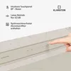 A close-up of a cream-colored kitchen appliance with a touch panel, showing a finger interacting with it. Text overlays describe features. Produktbild-Vorschau