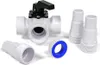 A set of plumbing fittings including a 3-way valve, hose barbs, and Teflon tape, arranged on a white background. Produktbild-Vorschau