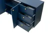 A close-up view of a navy blue dresser with three drawers and a cabinet door open, revealing a shelf inside. The dresser has gold knobs on the drawers and cabinet door. Podgląd zdjęcia produktu