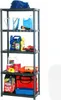 A black five-tier shelving unit filled with various household and automotive items, including paint cans, cleaning supplies, and charcoal bags. Produktbild-Vorschau