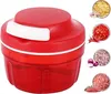 A red manual food chopper is shown with inset images of chopped ingredients like garlic, chili peppers, and onions, as well as raw meat. Produktbild-Vorschau