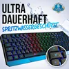 A gaming keyboard with RGB lighting, with text overlays highlighting its durability and water resistance. Produktbild-Vorschau