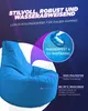 A blue beanbag chair is shown with marketing text and graphics highlighting its features. Produktbild-Vorschau