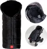 Collage of images showing a black baby stroller footmuff, including a close-up of the interior and the footmuff in a stroller. Produktbild-Vorschau