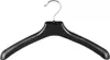 A black plastic hanger against a white background.