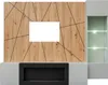 A modern living room wall unit with a wood-look panel, a black fireplace insert, and a glass-fronted cabinet with green LED lighting. Produktbild-Vorschau