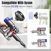 A hand holding a Dyson vacuum cleaner with a close-up inset of a vacuum cleaner part and diagrams of vacuum cleaner components. Produktbild-Vorschau