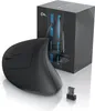 A black vertical ergonomic mouse and its packaging are displayed on a white reflective surface. Produktbild-Vorschau