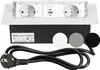 A white retractable power strip with two outlets and two USB ports, along with a power cord and three colored discs, is displayed on a white background. Produktbild-Vorschau