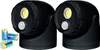 Two black outdoor LED spotlights with motion sensors are shown, along with three batteries in the foreground. Produktbild-Vorschau